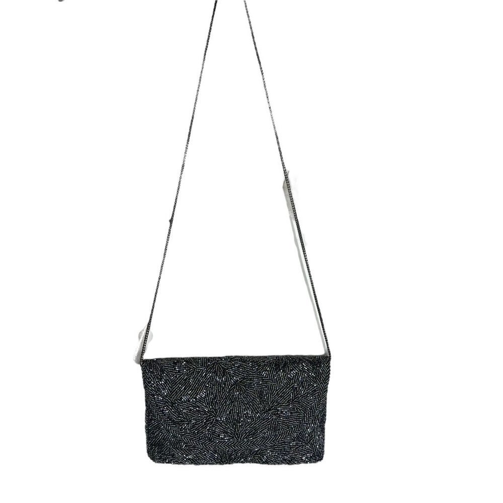 Vintage 90s Walborg Grey Beaded Metal Chain Strap Formal Purse